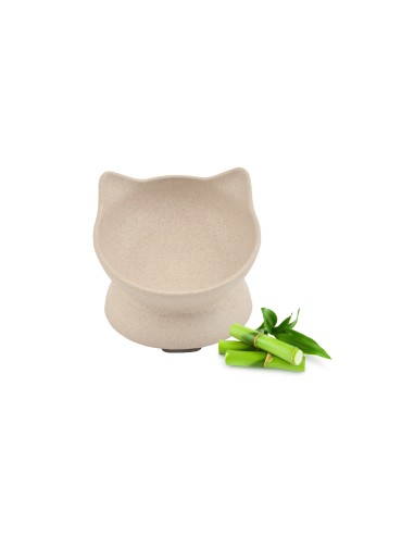 Comedouro elevado de bambu para gatos